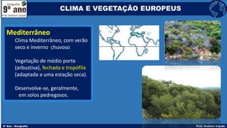 Mediterrâneo
Clima Mediterrâneo, com verão
seco e inverno chuvoso
Vegetação de médio porte
(arbustiva), fechada e tropófila
(adaptada a uma estação seca).
Desenvolve-se, geralmente,
em solos pedregosos.
CLIMA E VEGETAÇÃO EUROPEUS
 