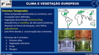 Florestas Temperadas
• Clima temperado continental ou marítimo, com
4 estações bem definidas,
• Vegetação diversificada (heterocíclita),
mesotérmica e mesófita, de alto porte (arbórea)
disposto na forma de bosques, com folhas
caduciformes.
• Solo fértil devido a conservação dos nutrientes
• Presença de 4 camadas :
1. Árvores altas
2. Vegetação arbustiva
3. Ervas
4. Musgos
CLIMA E VEGETAÇÃO EUROPEUS
 