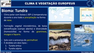 Bioma: Tundra
• Clima polar com baixas (-30º c) temperaturas
durante o ano todo e precipitação na forma
de neve.
• Formação vegetal microtérmica, de baixa
estratificação (campo aberto) e diversidade
(homocíclita) na forma de gramíneas,
musgos e líquens.
• Solo com a presença do permafrost
• É dividido em dois tipos :
1. Tundra ártica
2. Tundra alpina
CLIMA E VEGETAÇÃO EUROPEUS
 