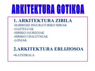 ARKITEKTURA ZIBILA -HARRESIZ INGURATURIKO HIRIAK -GAZTELUAK -HIRIKO JAUREGIAK -HIRIKO UDALETXEAK -LONJAK 2.ARKITEKTURA ERLIJIOSOA - KATEDRALA ARKITEKTURA GOTIKOA 