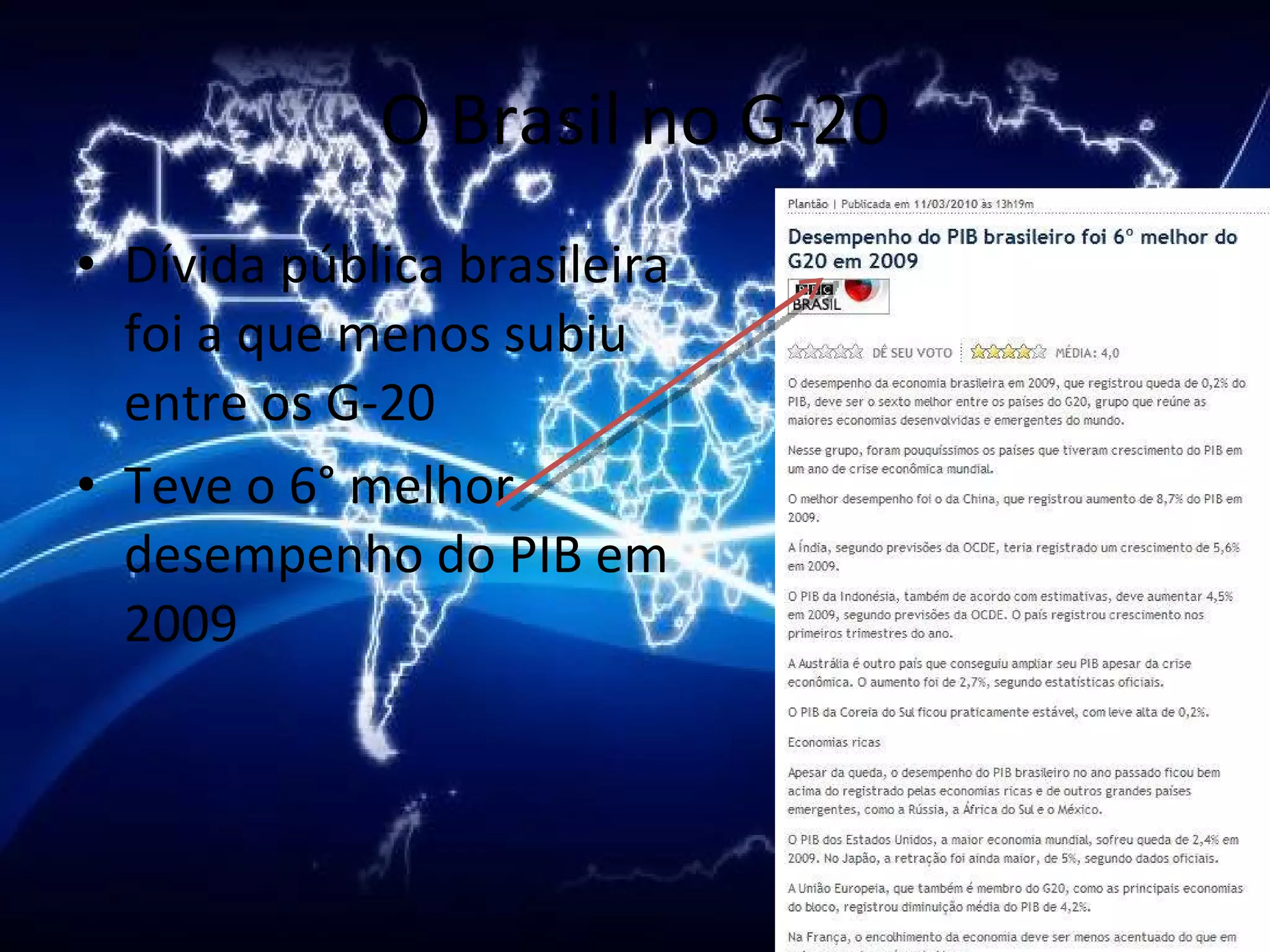 O Brasil no G-20 Dívida pública brasileira foi a que menos subiu entre os G-20 Teve o 6° melhor desempenho do PIB em 2009 