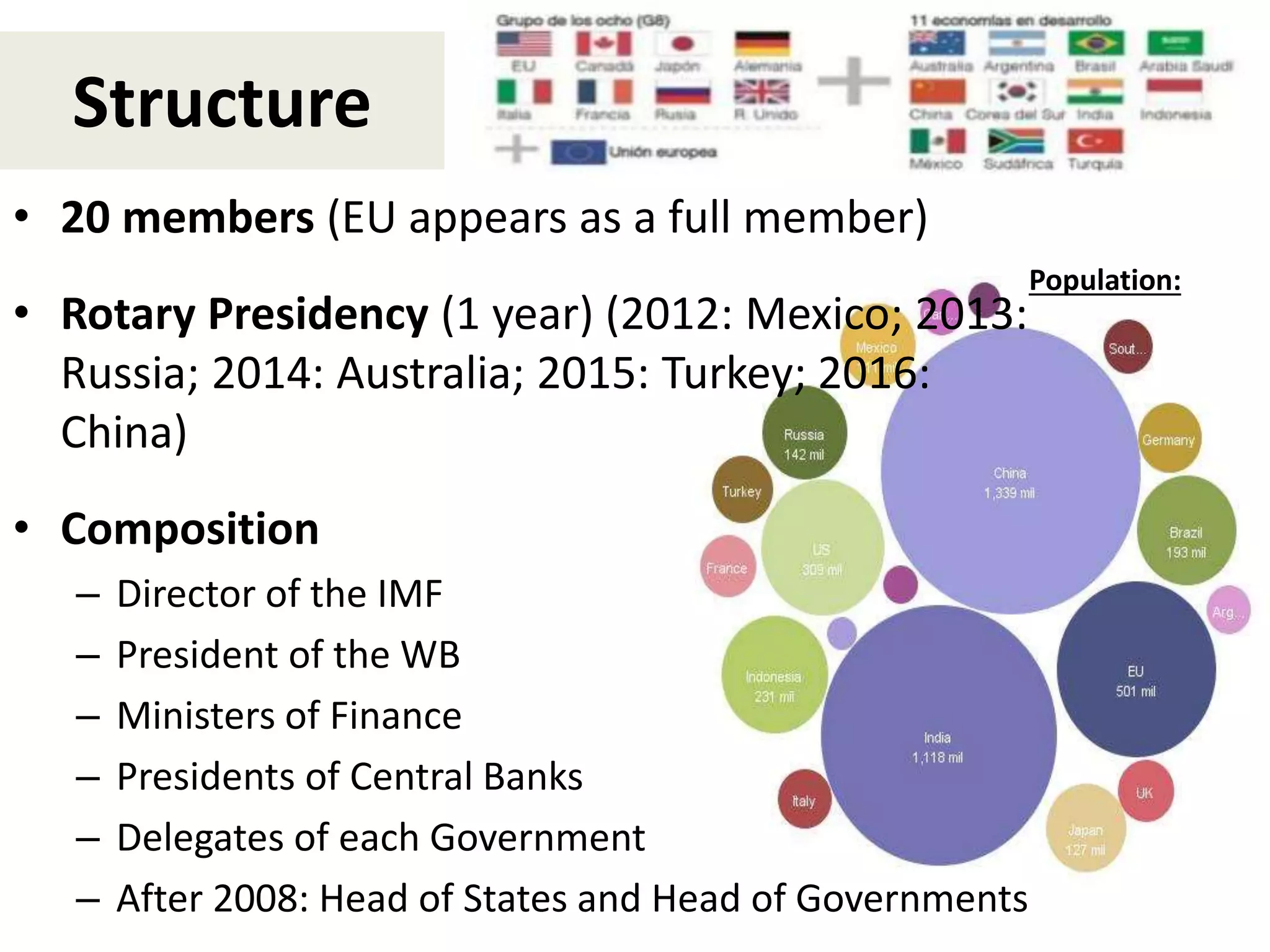 Structure
• 20 members (EU appears as a full member)
• Rotary Presidency (1 year) (2012: Mexico; 2013:
Russia; 2014: Australia; 2015: Turkey; 2016:
China)
• Composition
– Director of the IMF
– President of the WB
– Ministers of Finance
– Presidents of Central Banks
– Delegates of each Government
– After 2008: Head of States and Head of Governments
Population:
 