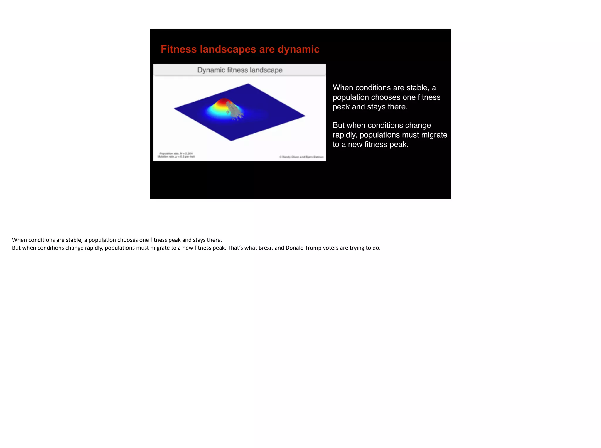Fitness landscapes are dynamic
When conditions are stable, a
population chooses one fitness
peak and stays there.
But when conditions change
rapidly, populations must migrate
to a new fitness peak.
When	conditions	are	stable,	a	population	chooses	one	fitness	peak	and	stays	there.	
But	when	conditions	change	rapidly,	populations	must	migrate	to	a	new	fitness	peak.	That’s	what	Brexit	and	Donald	Trump	voters	are	trying	to	do.
 