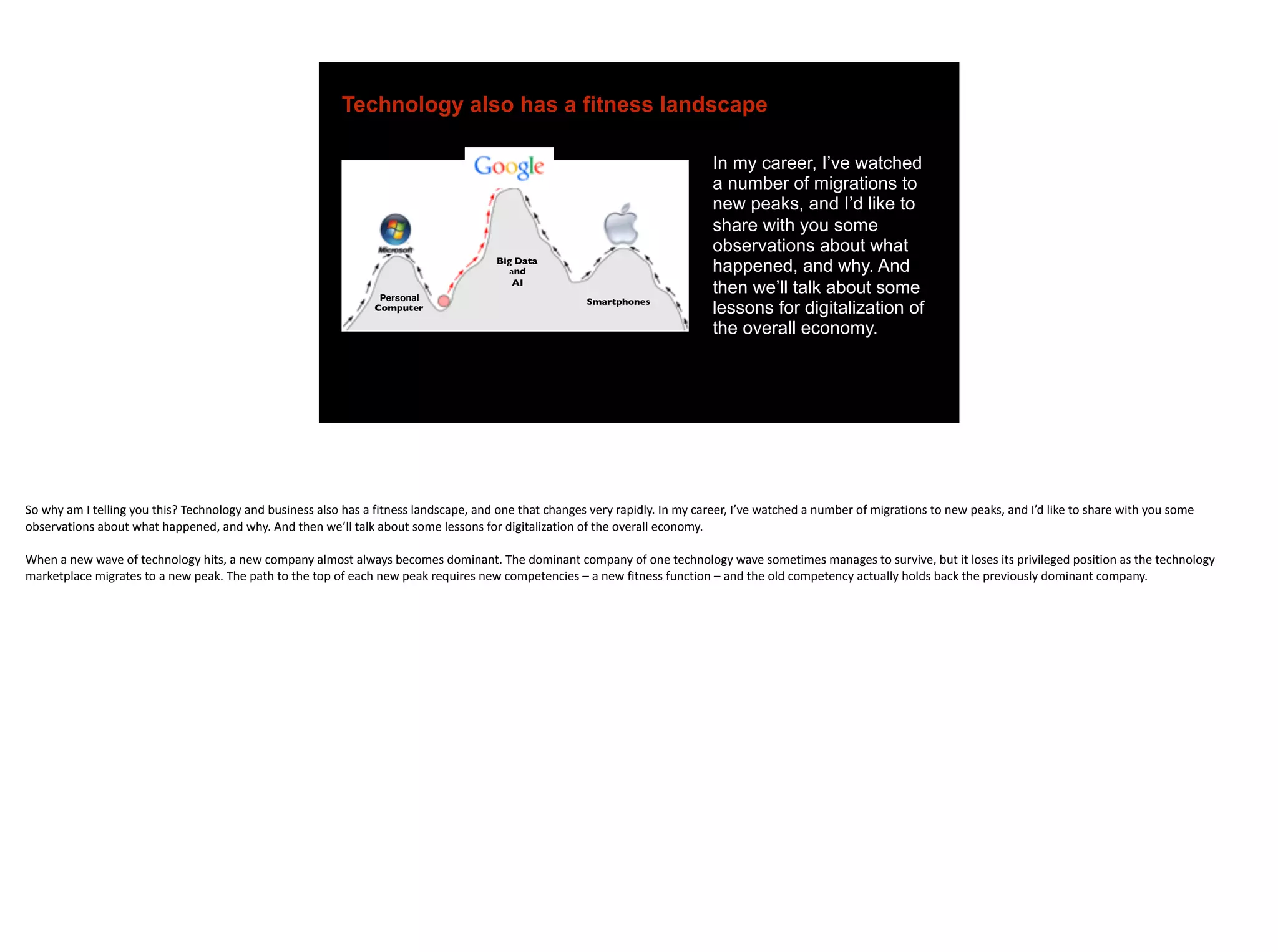 Technology also has a fitness landscape
In my career, I’ve watched
a number of migrations to
new peaks, and I’d like to
share with you some
observations about what
happened, and why. And
then we’ll talk about some
lessons for digitalization of
the overall economy.
Personal
Computer
Big Data
and
AI
Smartphones
Apple
So	why	am	I	telling	you	this?	Technology	and	business	also	has	a	fitness	landscape,	and	one	that	changes	very	rapidly.	In	my	career,	I’ve	watched	a	number	of	migrations	to	new	peaks,	and	I’d	like	to	share	with	you	some	
observations	about	what	happened,	and	why.	And	then	we’ll	talk	about	some	lessons	for	digitalization	of	the	overall	economy.		
When	a	new	wave	of	technology	hits,	a	new	company	almost	always	becomes	dominant.	The	dominant	company	of	one	technology	wave	sometimes	manages	to	survive,	but	it	loses	its	privileged	position	as	the	technology	
marketplace	migrates	to	a	new	peak.	The	path	to	the	top	of	each	new	peak	requires	new	competencies	–	a	new	fitness	function	–	and	the	old	competency	actually	holds	back	the	previously	dominant	company.
 