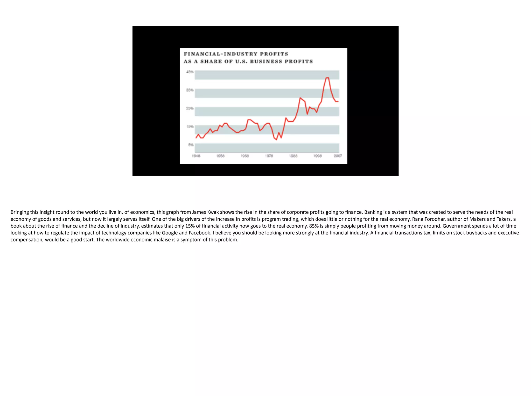 Bringing	this	insight	round	to	the	world	you	live	in,	of	economics,	this	graph	from	James	Kwak	shows	the	rise	in	the	share	of	corporate	profits	going	to	finance.	Banking	is	a	system	that	was	created	to	serve	the	needs	of	the	real	
economy	of	goods	and	services,	but	now	it	largely	serves	itself.	One	of	the	big	drivers	of	the	increase	in	profits	is	program	trading,	which	does	little	or	nothing	for	the	real	economy.	Rana	Foroohar,	author	of	Makers	and	Takers,	a	
book	about	the	rise	of	finance	and	the	decline	of	industry,	estimates	that	only	15%	of	financial	activity	now	goes	to	the	real	economy.	85%	is	simply	people	profiting	from	moving	money	around.	Government	spends	a	lot	of	time	
looking	at	how	to	regulate	the	impact	of	technology	companies	like	Google	and	Facebook.	I	believe	you	should	be	looking	more	strongly	at	the	financial	industry.	A	financial	transactions	tax,	limits	on	stock	buybacks	and	executive	
compensation,	would	be	a	good	start.	The	worldwide	economic	malaise	is	a	symptom	of	this	problem.
 