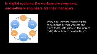 Every day, they are inspecting the
performance of their workers and
giving them instruction (in the form of
code) about how to do a better job
In digital systems, the workers are programs,
and software engineers are their managers
 
