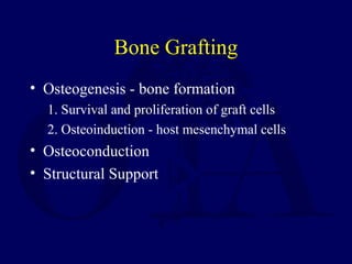 Bone Grafting
• Osteogenesis - bone formation
1. Survival and proliferation of graft cells
2. Osteoinduction - host mesenchymal cells
• Osteoconduction
• Structural Support
 