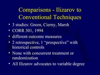 Comparisons - Ilizarov to
Conventional Techniques
• 3 studies: Green, Cierny, Marsh
• CORR 301, 1994
• different outcome measures
• 2 retrospective, 1 “prospective” with
historical controls
• None with concurrent treatment or
randomization
• All Ilizarov advocates to variable degree
 