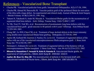 References - Vascularized Bone Transplant
• Chacha PB. Vascularised pedicular bone grafts. International Orthopaedics. 8(2):117-38, 1984.
• Chacha PB, Ahmed M, Daruwalla JS. Vascular pedicle graft of the ipsilateral fibula for non-union
of the tibia with a large defect. An experimental and clinical study. Journal of Bone & Joint Surgery
- British Volume. 63-B(2):244-53, 1981 Aug.
• Takami H, Takahashi S, Ando M, Masuda A. Vascularized fibular grafts for the reconstruction of
segmental tibial bone defects. Arch. Orthop. Trauma Surg. 116(6-7):404-7, 1997
• Tu YK, Yen CY, Yeh WL, et al. Reconstruction of posttraumatic long bone defects with free
vascularized bone graft: good outcome in 48 patients with 6 years’ followup. Acta Orthop Scand
72:359-369, 2001
• Chang MC, Lo WH, Chen CM, et al. Treatment of large skeletal defects in the lower extremity
using double-strut vascularized fibular bone grafting. Orthopedics 22:739-44, 1999
• Jupiter JB, Gerhard HJ, Guerrero J, Nunley JA, Levin LS. Treatment of segmental defects of the
radius with use of the vascularized osteoseptocutaneous fibula autogenous graft. J. Bone Joint
Surg-Am 79-A:542-50, 1997
• Heitmann C, Erdmann D, Levin LS. Treatment of segmental defects of the humerus with an
osteoseptocutaneous fibular transplant. J. Bone Joint Surg. - Am. 84-A(12):2216-2223, 2002
• Minami A, Kasashima T, Iwasaki N, Kato H, Kaneda K. Vascularized fibular grafts. An
experience of 102 patients. J Bone Joint Surg Br. 2000;82: 1022-5
• Jupiter JB, Bour CJ, May JW. The reconstruction of defects in the femoral shaft with
vascularized transfers of fibular bone. J Bone Joint Surg Am. 1987;69:365-74.
 