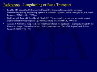 References - Lengthening or Bone Transport
• Raschke MJ, Mann JW, Oedekoven G, Claudi BF. Segmental transport after unreamed
intramedullary nailing. Preliminary report of a "Monorail" system. Clinical Orthopaedics & Related
Research. (282):233-40, 1992 Sep.
• Oedekoven G, Jansen D, Raschke M, Claudi BF. [The monorail system--bone segment transport
over unreamed interlocking nails]. [German] Chirurg. 67(11):1069-79, 1996 Nov.
• Aronson J. Johnson E. Harp JH. Local bone transportation for treatment of intercalary defects by the
Ilizarov technique. Biomechanical and clinical considerations Clinical Orthopaedics & Related
Research. (243):71-9, 1989
 