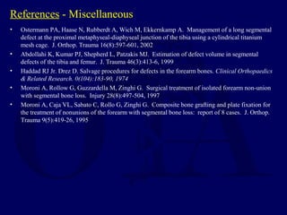 References - Miscellaneous
• Ostermann PA, Haase N, Rubberdt A, Wich M, Ekkernkamp A. Management of a long segmental
defect at the proximal metaphyseal-diaphyseal junction of the tibia using a cylindrical titanium
mesh cage. J. Orthop. Trauma 16(8):597-601, 2002
• Abdollahi K, Kumar PJ, Shepherd L, Patzakis MJ. Estimation of defect volume in segmental
defects of the tibia and femur. J. Trauma 46(3):413-6, 1999
• Haddad RJ Jr. Drez D. Salvage procedures for defects in the forearm bones. Clinical Orthopaedics
& Related Research. 0(104):183-90, 1974
• Moroni A, Rollow G, Guzzardella M, Zinghi G. Surgical treatment of isolated forearm non-union
with segmental bone loss. Injury 28(8):497-504, 1997
• Moroni A, Caja VL, Sabato C, Rollo G, Zinghi G. Composite bone grafting and plate fixation for
the treatment of nonunions of the forearm with segmental bone loss: report of 8 cases. J. Orthop.
Trauma 9(5):419-26, 1995
 