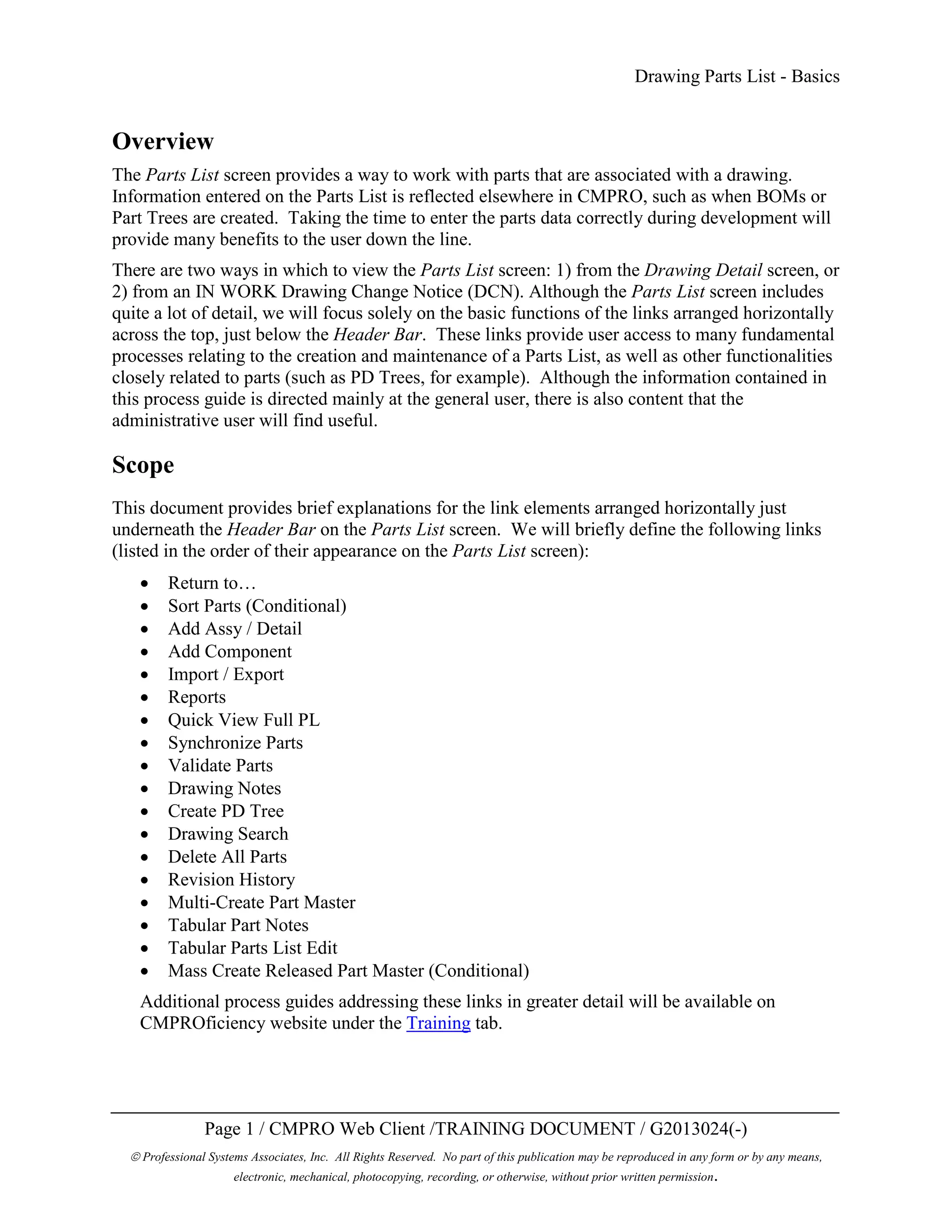 CMPRO Process Guide: Drawing Parts List - Basics | PDF