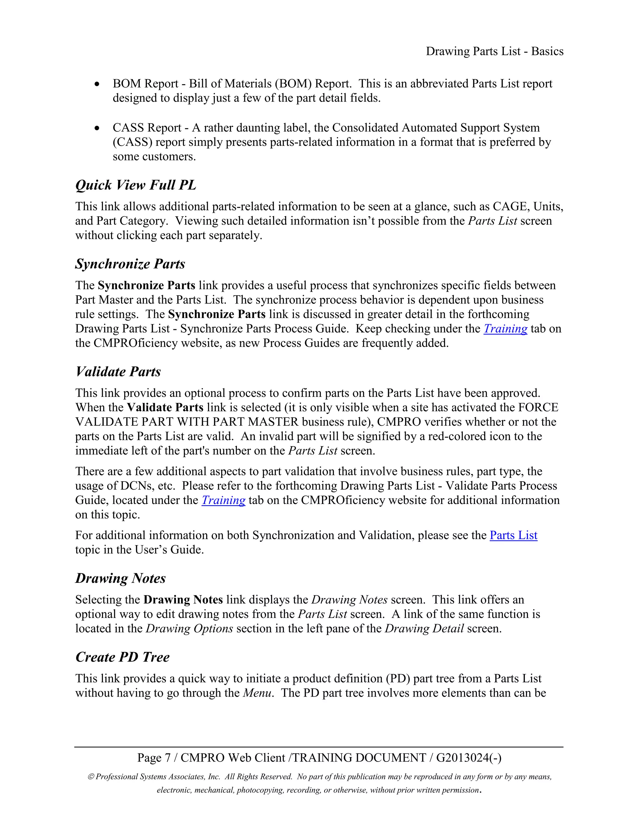 CMPRO Process Guide: Drawing Parts List - Basics | PDF