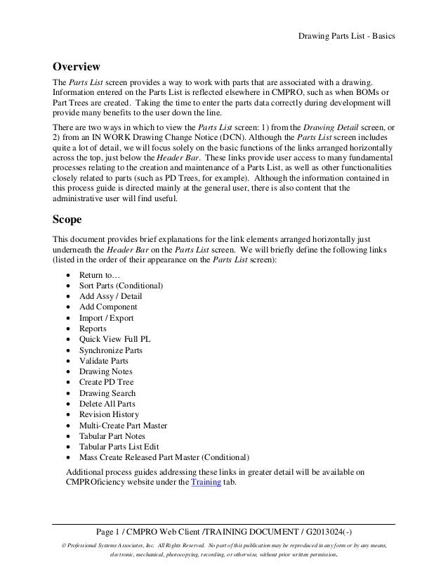 CMPRO Process Guide Drawing Parts List Basics