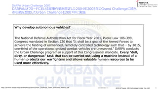 ?2016 Toyota InfoTechnology Center Co., Ltd.?2016 Toyota InfoTechnology Center Co., Ltd.
DARPA Urban Challenge 2007
DARPAϥե`ɤˤ܊붨20042005Grand Challenge˾A
н֑붨Urban Challenge2007ˌgʩ
11
Why develop autonomous vehicles?
The National Defense Authorization Act for Fiscal Year 2001, Public Law 106-398,
Congress mandated in Section 220 that It shall be a goal of the Armed Forces to
achieve the fielding of unmanned, remotely controlled technology such that by 2015,
one-third of the operational ground combat vehicles are unmanned. DARPA conducts
the Urban Challenge program in support of this Congressional mandate. Every dull,
dirty, or dangerous task that can be carried out using a machine instead of a
human protects our warfighters and allows valuable human resources to be
used more effectively.
http://archive.darpa.mil/grandchallenge/docs/Urban_Challenge_Team_Welcome_Meeting.pdf Gg󥻥ߥʩ`
 