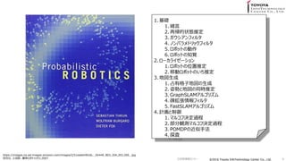 ?2016 Toyota InfoTechnology Center Co., Ltd.?2016 Toyota InfoTechnology Center Co., Ltd. 9
1. A
1. w
2. َ״Bƶ
3. ե륿
4. Υѥȥåե륿
5. ܥåȤ΄
6. ܥåȤ֪ҙ
2. `饤`
1. ܥåȤλƶ
2. ƄӥܥåȤΤƶ
3. ؇
1. ռиӵ؇
2. ˄ݤȵ؇ͬrƶ
3. GraphSLAM르ꥺ
4. Eե륿
5. FastSLAM르ꥺ
4. Ӌ
1. ޥ륳՛Q^
2. Qyޥ륳՛Q^
3. POMDPνַ
4. ̽
https://images-na.ssl-images-amazon.com/images/I/51oedehWUdL._SX440_BO1,204,203,200_.jpg
ĿΤϡU_ʥܥƥå,2007 Gg󥻥ߥʩ`
 
