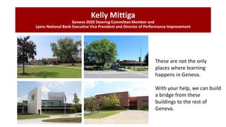 Kelly Mittiga
Geneva 2020 Steering Committee Member and
Lyons National Bank Executive Vice President and Director of Performance Improvement
These are not the only
places where learning
happens in Geneva.
With your help, we can build
a bridge from these
buildings to the rest of
Geneva.
 