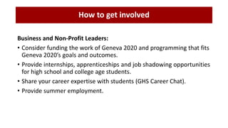 Business and Non-Profit Leaders:
• Consider funding the work of Geneva 2020 and programming that fits
Geneva 2020’s goals and outcomes.
• Provide internships, apprenticeships and job shadowing opportunities
for high school and college age students.
• Share your career expertise with students (GHS Career Chat).
• Provide summer employment.
How to get involved
 