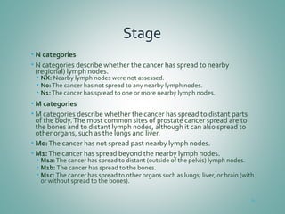 Stage
• N categories
• N categories describe whether the cancer has spread to nearby
(regional) lymph nodes.
• NX: Nearby lymph nodes were not assessed.
• N0:The cancer has not spread to any nearby lymph nodes.
• N1:The cancer has spread to one or more nearby lymph nodes.
• M categories
• M categories describe whether the cancer has spread to distant parts
of the body.The most common sites of prostate cancer spread are to
the bones and to distant lymph nodes, although it can also spread to
other organs, such as the lungs and liver.
• M0:The cancer has not spread past nearby lymph nodes.
• M1:The cancer has spread beyond the nearby lymph nodes.
• M1a:The cancer has spread to distant (outside of the pelvis) lymph nodes.
• M1b: The cancer has spread to the bones.
• M1c: The cancer has spread to other organs such as lungs, liver, or brain (with
or without spread to the bones).
63
 