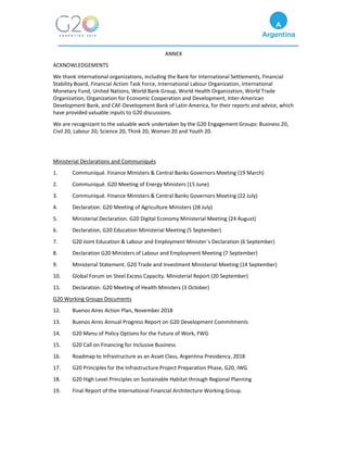 ANNEX
ACKNOWLEDGEMENTS
We thank international organizations, including the Bank for International Settlements, Financial
Stability Board, Financial Action Task Force, International Labour Organization, International
Monetary Fund, United Nations, World Bank Group, World Health Organization, World Trade
Organization, Organization for Economic Cooperation and Development, Inter-American
Development Bank, and CAF-Development Bank of Latin America, for their reports and advice, which
have provided valuable inputs to G20 discussions.
We are recognizant to the valuable work undertaken by the G20 Engagement Groups: Business 20,
Civil 20, Labour 20; Science 20, Think 20, Women 20 and Youth 20.
Ministerial Declarations and Communiqués
1. Communiqué. Finance Ministers & Central Banks Governors Meeting (19 March)
2. Communiqué. G20 Meeting of Energy Ministers (15 June)
3. Communiqué. Finance Ministers & Central Banks Governors Meeting (22 July)
4. Declaration. G20 Meeting of Agriculture Ministers (28 July)
5. Ministerial Declaration. G20 Digital Economy Ministerial Meeting (24 August)
6. Declaration, G20 Education Ministerial Meeting (5 September)
7. G20 Joint Education & Labour and Employment Minister´s Declaration (6 September)
8. Declaration G20 Ministers of Labour and Employment Meeting (7 September)
9. Ministerial Statement. G20 Trade and Investment Ministerial Meeting (14 September)
10. Global Forum on Steel Excess Capacity. Ministerial Report (20 September)
11. Declaration. G20 Meeting of Health Ministers (3 October)
G20 Working Groups Documents
12. Buenos Aires Action Plan, November 2018
13. Buenos Aires Annual Progress Report on G20 Development Commitments
14. G20 Menu of Policy Options for the Future of Work, FWG
15. G20 Call on Financing for Inclusive Business
16. Roadmap to Infrastructure as an Asset Class, Argentina Presidency, 2018
17. G20 Principles for the Infrastructure Project Preparation Phase, G20, IWG
18. G20 High Level Principles on Sustainable Habitat through Regional Planning
19. Final Report of the International Financial Architecture Working Group.
 