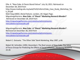 Ellie. K. “New Coke: A Classic Brand Failure”. July 16, 2011. Retrieved on
December 28, 2014 from
http://www.reading.edu.my/web/FILES/inform/Coke_Case_Study_Workshop_Tas
k_EK.pdf
Matt Haig (2003). Brand Failures. London, UK: Kogan Page.
Miguelangelherrera. New Coke : A “Classic” Marketing Research Blunder?
.Retrieved on December 28, 2014 from
http://miguelangelherrera.com/catedras/administracion-
mercadotecnia/newcoke.pdf
Miguelangelherrera. New Coke : A “Classic” Marketing Research Blunder? .
Retrieved on December 28, 2014 from
http://miguelangelherrera.com/catedras/administracion-
mercadotecnia/newcoke.pdf
Robert C. Goizueta. “The Other Side”.Bank Marketing, May 1987, p 66.
Robert M. Schindler. (1992, December). The Real Lesson of New Coke: The Value
of Focus Groups for Predicting the Effects of Social Influence. Marketing Research,
22-26
 
