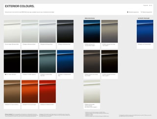 EXTERIOR COLOURS.
Discover even more with the new BMW Brochures app. Available now, for your smartphone and tablet.
[Colour samples] These colour samples are intended as an initial guide to the colours
and materials available for your BMW. However, experience has shown that printed versions
of paint, upholstery and interior trim colours cannot in all cases faithfully reproduce the
appearance of the original colour. Please discuss your preferred colour choices with
your BMW partner or in your dealership. There you can also see original samples and
be assisted with special requests.
	Metallic	C1X	Sunset	Orange2
	Metallic	A96	Mineral	White2
	Non-metallic	668	Black 	Metallic	475	Black	Sapphire2
	Metallic	B39	Mineral	Grey2
	Metallic	A75	Melbourne	Red
	Metallic	C10	Mediterranean	
Blue
	Metallic	A83	Glacier	Silver		Non-metallic	300	Alpine	White1
	Metallic	C35	Blue	Ridge	
Mountain3
	Metallic	C1Z	Vermont	Bronze
Equipment 36 | 37
1
	 Standard	with	the	M	Sport	package	and	M340i	xDrive.
2
	Optionally	available	with	the	M	Sport	package	and	M340i	xDrive.
3
	Available	from	03/19.
4
	Available	from	07/19.
5
	Exclusively	available	with	the	M	Sport	package	and	M340i	xDrive.	
The	Standard	and	Optional	equipment	may	differ	between	countries.	Please	consult	your	
local BMW partner for more information.
	 Standard	equipment	 	 	 Optional	equipment
	BMW	Individual	C49	Citrine	
Black	metallic2,4
	BMW	Individual	C4A	Oxide	
Grey	metallic2,4
	BMW	Individual	C36	Dravite	
Grey	metallic2
	BMW	Individual	C3Z	
Tanzanite	Blue	metallic2,3
	Metallic	C31	Portimao	Blue5
M SPORT PACKAGEBMW INDIVIDUAL
	BMW	Individual	490	
special	paintwork	
(e.g. Brilliant White metallic)2,4
 