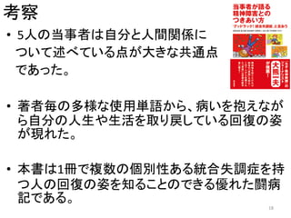 考察
• 5人の当事者は自分と人間関係に
ついて述べている点が大きな共通点
であった。
• 著者毎の多様な使用単語から、病いを抱えなが
ら自分の人生や生活を取り戻している回復の姿
が現れた。
• 本書は1冊で複数の個別性ある統合失調症を持
つ人の回復の姿を知ることのできる優れた闘病
記である。
18
 