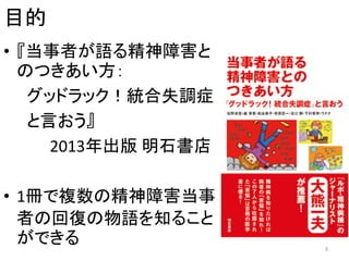 目的
• 『当事者が語る精神障害と
のつきあい方：
グッドラック！統合失調症
と言おう』
2013年出版 明石書店
• 1冊で複数の精神障害当事
者の回復の物語を知ること
ができる 3
 