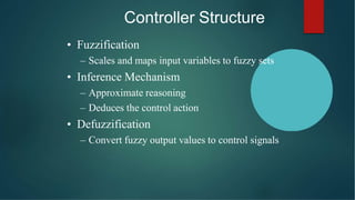 Controller Structure
• Fuzzification
– Scales and maps input variables to fuzzy sets
• Inference Mechanism
– Approximate r...
