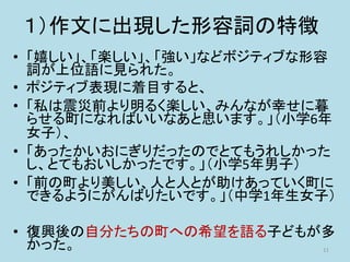１）作文に出現した形容詞の特徴
• 「嬉しい」、「楽しい」、「強い」などボジティブな形容
詞が上位語に見られた。
• ポジティブ表現に着目すると、
• 「私は震災前より明るく楽しい、みんなが幸せに暮
らせる町になればいいなあと思います。」（小学6年
女子）、
• 「あったかいおにぎりだったのでとてもうれしかった
し、とてもおいしかったです。」（小学5年男子）
• 「前の町より美しい、人と人とが助けあっていく町に
できるようにがんばりたいです。」（中学1年生女子）
• 復興後の自分たちの町への希望を語る子どもが多
かった。 11
 