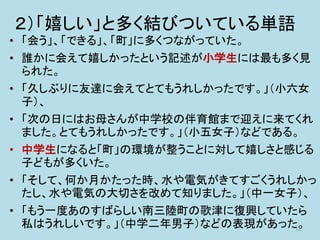 ２）「嬉しい」と多く結びついている単語
• 「会う」、「できる」、「町」に多くつながっていた。
• 誰かに会えて嬉しかったという記述が小学生には最も多く見
られた。
• 「久しぶりに友達に会えてとてもうれしかったです。」（小六女
子）、
• 「次の日にはお母さんが中学校の伴育館まで迎えに来てくれ
ました。とてもうれしかったです。」（小五女子）などである。
• 中学生になると「町」の環境が整うことに対して嬉しさと感じる
子どもが多くいた。
• 「そして、何か月かたった時、水や電気がきてすごくうれしかっ
たし、水や電気の大切さを改めて知りました。」（中一女子）、
• 「もう一度あのすばらしい南三陸町の歌津に復興していたら
私はうれしいです。」（中学二年男子）などの表現があった。12
 