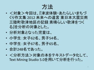 方法
• ＜対象＞今回は、『津波体験・あたらしいまちづ
くり作文集 2012 未来への遺言 東日本大震災南
三陸町歌津地区の記録 素晴らしい歌津をつく
る』を分析の対象とした。
• 分析対象となった児童は、
• 小学生：女子62名、男子54名、
• 中学生：女子67名、男子65名、
• 合計248名であった。
• ＜分析方法＞対象の本をテキストデータ化して、
Text Mining Studio 5.0を用いて分析を行った。
3
 