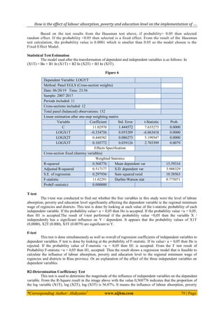 How is the effect of labour absorption, poverty and education level on the implementation of ….
*Corresponding Author: Abdiyanto1
www.aijbm.com 79 | Page
Based on the test results from the Hausman test above, if probability> 0.05 then selected
random effect. If the probability <0.05 then selected is a fixed effect. From the result of the Hausman
test calculation, the probability value is 0.0001 which is smaller than 0.05 so the model chosen is the
Fixed Effect Model.
Statistical Test Estimation
The model used after the transformation of dependent and independent variables is as follows: In
(X1T) = Bo + B1 In (X1T) + B2 In (X2T) + B3 In (X3T).
Figure 6
T-test
The t-test was conducted to find out whether the free variables in this study were the level of labour
absorption, poverty and education level significantly affecting the dependent variable ie the regional minimum
wage of regencies and districts. This test is done by looking at each value of the t-statistic probability of each
independent variable. If the probability value> a = 0,05 then Ho is accepted. If the probability value <a = 0,05,
then H1 is accepted.The result of t-test performed if the probability value <0,05 then the variable X /
independently has a significant influence on Y / dependent. It appears that the probability values of X1T
(0,0000), X2T (0.000), X3T (0.0079) are significant to Y.
F-test
This test is done simultaneously as well as overall of regression coefficients of independent variables to
dependent variables. F test is done by looking at the probability of F-statistic. If its value> a = 0,05 then Ho is
rejected. If the probability value of F-statistic <a = 0,05 then H1 is accepted. From the F test result of
Probability F-statistic <a = 0,05 then H1, accepted. Thus the result shows a regression model that is feasible to
calculate the influence of labour absorption, poverty and education level to the regional minimum wage of
regencies and districts in Riau province. Or an explanation of the effect of the three independent variables on
dependent variables.
R2-Determination Coefficiency Test
This test is used to determine the magnitude of the influence of independent variables on the dependent
variable. From the R-Square result in the image above with the value 0,568776 indicates that the proportion of
the log variable (X1T), log (X2T), log (X3T) is 56.87%. It means the influence of labour absorption, poverty
Dependent Variable: LOGYT
Method: Panel EGLS (Cross-section weights)
Date: 06/20/19 Time: 23:56
Sample: 2007 2017
Periods included: 11
Cross-sections included: 12
Total panel (balanced) observations: 132
Linear estimation after one-step weighting matrix
Variable Coefficient Std. Error t-Statistic Prob.
C 11.02970 1.444572 7.635275 0.0000
LOGX1T -0.334756 0.055209 -6.063418 0.0000
LOGX2T 0.448582 0.086273 5.199547 0.0000
LOGX3T 0.105772 0.039126 2.703399 0.0079
Effects Specification
Cross-section fixed (dummy variables)
Weighted Statistics
R-squared 0.568776 Mean dependent var 15.59316
Adjusted R-squared 0.517177 S.D. dependent var 3.988329
S.E. of regression 0.297936 Sum squared resid 10.38563
F-statistic 11.02291 Durbin-Watson stat 0.775071
Prob(F-statistic) 0.000000
 