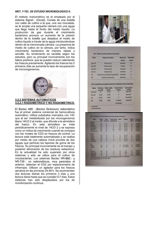 MET. Y TEC. DE ESTUDIO MICROBIOLOGICO II.
El método manométrico es el empleado por el
con caldo de cultivo a la que, una vez inoculada,
se le acopla una pequeña cámara con una aguja
que llega hasta el fondo del medio líquido. La
producción de gas durante el crecimiento
bacteriano provoca un aumento de la presión
dentro de la botella que desplaza el medio de
cultivo líquido a través de la aguja introduciéndose
dentro de la mencionada cámara. La presencia de
medio de cultivo en la cámara, por tanto, indica
crecimiento bacteriano de manera rápida y
sencilla. Su rendimiento es variable según los
estudios, pero su principal inconveniente son los
falsos positivos, que se pueden reducir calentando
los frascos previamente. Agitando los frascos los 2
primeros días se aumenta la tasa de recuperación
de microorganismos.
3.2.2 SISTEMAS AUTOMATICOS
3.2.2.1 RADIOMETRICO Y NO RADIOMETRICO.
fue el primer sistema comercial de hemocultivos
automático. Utiliza substratos marcados con 14C
que al ser metabolizado por los microrganismos
libera 14CO 2 al medio, que difunde a la atmósfera
del frasco. En esta atmósfera se mide
periódicamenrte el nivel de 14CO 2 y se expresa
como un índice de crecimiento cuando se compara
con los niveles de CO2 en frascos de control. La
lectura está totalmente automatizada y se realiza
por medio de una cabeza móvil provista de dos
agujas que perforan los tapones de goma de los
frascos. Su principal inconveniente es el manejo y
posterior eliminación de los residuos radiactivos.
En la actualidad ha sido superado por otros
sistemas y sólo se utiliza para el cultivo de
micobacterias. Los sistemas Bactec NR-
NR-
anterior, detectan el CO2 por espectrometría de
infrarrojos. Utilizan un agitador para los frascos
aerobios en las primeras 24-48 h. Se recomiendan
dos lecturas diarias los primeros 3 días y una
lectura diaria hasta que se cumplan 5-7 días. Estos
sistemas han sido desplazados por los de
monitorización continua.
 
