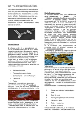MET. Y TEC. DE ESTUDIO MICROBIOLOGICO II.
de comenzar el tratamiento con antibióticos,
pero una pequeña cantidad puede morir por
complicaciones. La eficacia de las vacunas
contra la fiebre tifoidea solo es parcial. Las
vacunas generalmente se reservan para
quienes pueden estar expuestos a la
enfermedad o viajan a zonas donde la fiebre
tifoidea es común.
Escherichia coli
E. coli es el nombre de un tipo de bacteria que
vive en el intestino. La mayoría de las E. coli no
causan problemas. Pero, algunos tipos pueden
producir enfermedades y causar diarrea. Uno de
ellos causa la diarrea del viajero. El peor tipo de
E. coli causa una diarrea hemorrágica y a veces
puede causar insuficiencia renal y hasta la
muerte. Esto, en general, ocurre en niños y en
adultos con sistemas inmunitarios debilitados.
Se pueden adquirir infecciones por E. coli al
consumir alimentos que contienen la bacteria. Los
síntomas pueden incluir:
 Náuseas o vómitos
 Fuertes cólicos abdominales
 Diarrea líquida o con mucha sangre
 Cansancio
 Fiebre
Para evitar la intoxicación por alimentos y
prevenir infecciones, manipule la comida con
seguridad. Cocine bien las carnes, lave las frutas
y verduras antes de comerlas o cocinarlas y evite
la leche y los jugos sin pasteurizar. La infección
también se puede adquirir al tragar agua en una
piscina contaminada con desechos humanos.
La mayoría de los casos de infección por E. coli
mejoran sin tratamiento en cinco a 10 días.
Staphylococcus aureus
Es conocido también como como estafilococo
áureo o estafilococo dorado, es
una bacteria anaerobia facultativa, grampositiva,
productora de coagulasa, catalasa, inmóvil y
no esporulada que se encuentra ampliamente
distribuida por todo el mundo, estimándose que
una de cada tres personas se hallan colonizadas,
aunque no infectadas, por ella Puede producir una
amplia gama de enfermedades, que van desde
infecciones cutáneas y de las mucosas
relativamente benignas, tales como foliculitis,
forunculosis o conjuntivitis, hasta enfermedades
de riesgo vital, como celulitis, abscesos
profundos, osteomielitis, meningitis, sepsis, endoc
arditis o neumonía. Además, también puede
afectar al aparato gastrointestinal, ya sea por
presencia física de Staphylococcus aureus o por la
ingesta de la enterotoxina estafilocócica secretada
por la bacteria.
En la actualidad, este microorganismo se
encuentra como el principal causante de
las infecciones nosocomiales
los antibióticos más eficaces para combatirlos a
los aminoglucósidos, la oxacilina o la nafcilina.
Tuberculosis
La tuberculosis (TB) es una infección bacteriana
causada por un gérmen llamado Mycobacterium
tuberculosis. La bacteria suele atacar los
pulmones, pero puede también dañar otras partes
del cuerpo. La TB se disemina a través del aire,
cuando una persona con TB pulmonar tose,
estornuda o habla. Si ha estado expuesto debería
consultar a un médico para someterse a los
exámenes. Hay más probabilidades de que usted
se contagie con TB si tiene un sistema inmunitario
debilitado.
Los síntomas de la TB pulmonar pueden incluir:
1 Tos severa que dure tres semanas o
más
2 Bajar de peso
3 Toser y escupir sangre o mucosidad
4 Debilidad o fatiga
5 Fiebre y escalofríos
6 Sudores nocturnos
Si no se trata adecuadamente, la TB puede ser
mortal. Por lo general la TB activa puede curarse
 