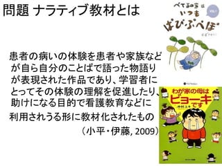 問題 ナラティブ教材とは
患者の病いの体験を患者や家族など
が自ら自分のことばで語った物語り
が表現された作品であり、学習者に
とってその体験の理解を促進したり、
助けになる目的で看護教育などに
利用されうる形に教材化されたもの
（小平・伊藤, 2009）
2
 