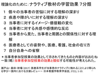 理論化のために：ナラティブ教材の学習効果 ７分類
１ 個々の当事者の苦悩に対する理解の深まり
２ 疾患や障がいに対する理解の深まり
３ 当事者に対するイメージ・価値観の変化
４ 当事者に対する共感や感情的な反応
５ 当事者から見た、当事者と周囲との関係性に対する理
解
６ 医療者としての姿勢や、医療、看護、社会の在り方
７ 自分自身への省察
22
＊当事者参加型授業の効果として示されてきたものと内容がおおむね
一致（略）当事者参加型授業の効果と類似する可能性が考えられた。
瀬戸山・ 森田・射場（2017） 医療系学生が当事者のナラティブに触れることにより得られ
る学び一国内における文献レビュー－ 日本看護学教育学会誌, 27(1), 1-10.
 