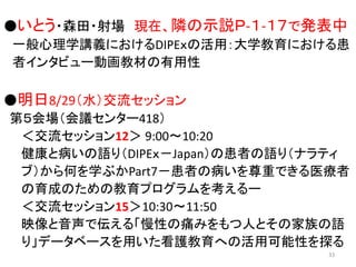 ●いとう・森田・射場 現在、隣の示説Ｐ-１-１７で発表中
一般心理学講義におけるDIPEｘの活用：大学教育における患
者インタビュー動画教材の有用性
●明日8/29（水）交流セッション
第５会場（会議センター418）
＜交流セッション12＞ 9:00～10:20
健康と病いの語り（DIPEｘ－Japan）の患者の語り（ナラティ
ブ）から何を学ぶかPart7－患者の病いを尊重できる医療者
の育成のための教育プログラムを考えるー
＜交流セッション15＞10:30～11:50
映像と音声で伝える「慢性の痛みをもつ人とその家族の語
り」データベースを用いた看護教育への活用可能性を探る
33
 