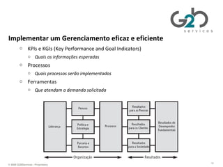 Implementar um Gerenciamento eficaz e eficiente KPIs e KGIs (Key Performance and Goal Indicators) Quais as informações esperadas Processos Quais processos serão implementados Ferramentas Que atendam a demanda solicitada Como 