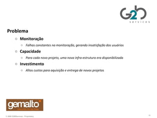 Gemalto Problema Monitoração Falhas constantes na monitoração, gerando insatisfação dos usuários Capacidade Para cada novo projeto, uma nova infra-estrutura era disponibilizada Investimento Altos custos para aquisição e entrega de novos projetos 