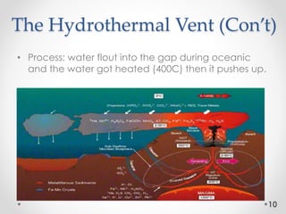 The Hydrothermal Vent (Con’t)
• Process: water flout into the gap during oceanic
and the water got heated (400C) then it pushes up.
10
 