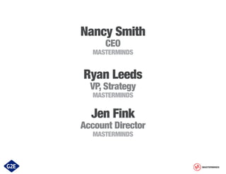 Nancy Smith
CEO

MASTERMINDS

Ryan Leeds
VP, Strategy
MASTERMINDS

Jen Fink

Account Director
MASTERMINDS

MASTERMINDS

 