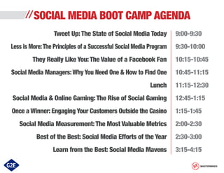 // SOCIAL MEDIA BOOT CAMP AGENDA
Tweet Up: The State of Social Media Today
Less is More: The Principles of a Successful Social Media Program

9:00-9:30
9:30-10:00

They Really Like You: The Value of a Facebook Fan

10:15-10:45

Social Media Managers: Why You Need One & How to Find One

10:45-11:15

Lunch

11:15-12:30

Social Media & Online Gaming: The Rise of Social Gaming

12:45-1:15

Once a Winner: Engaging Your Customers Outside the Casino

1:15-1:45

Social Media Measurement: The Most Valuable Metrics

2:00-2:30

Best of the Best: Social Media Efforts of the Year

2:30-3:00

Learn from the Best: Social Media Mavens

3:15-4:15
MASTERMINDS

 