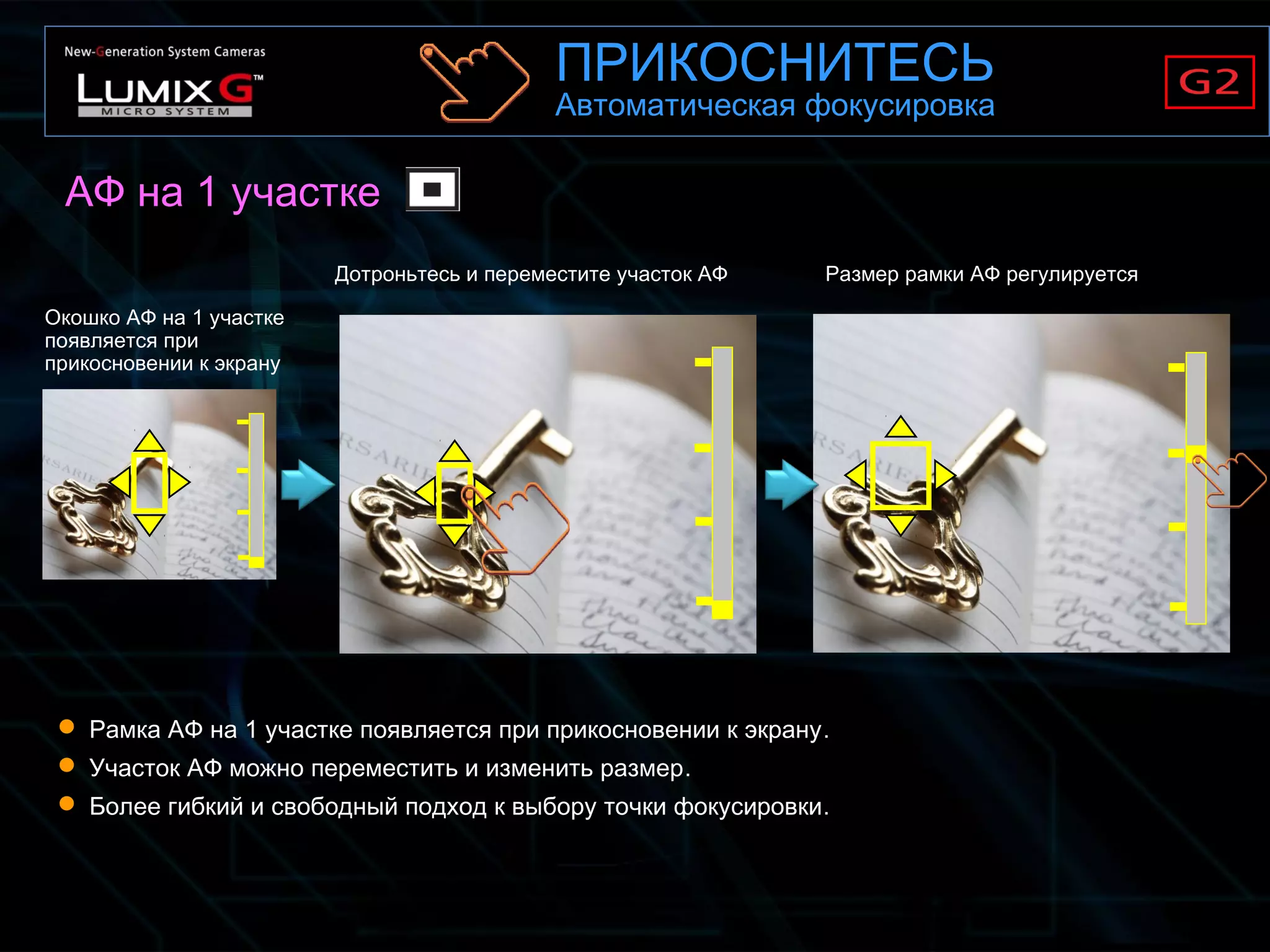 АФ на 1 участке
Окошко АФ на 1 участке
появляется при
прикосновении к экрану
Дотроньтесь и переместите участок АФ Размер рамки АФ регулируется
 Рамка АФ на 1 участке появляется при прикосновении к экрану.
 Участок АФ можно переместить и изменить размер.
 Более гибкий и свободный подход к выбору точки фокусировки.
ПРИКОСНИТЕСЬ
Автоматическая фокусировка
 