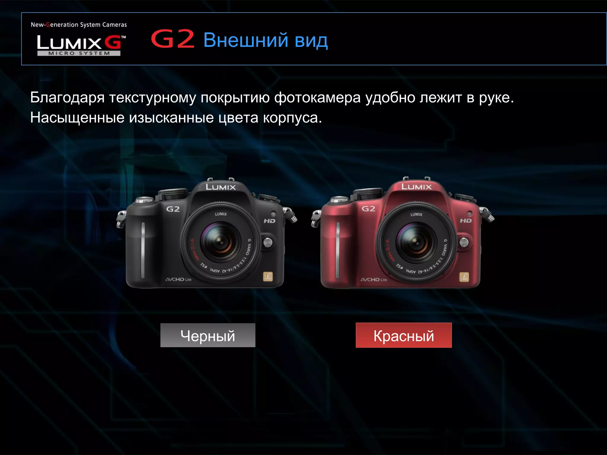 ЧерныйЧерный КрасныйКрасный
Благодаря текстурному покрытию фотокамера удобно лежит в руке.
Насыщенные изысканные цвета корпуса.
Внешний вид
 