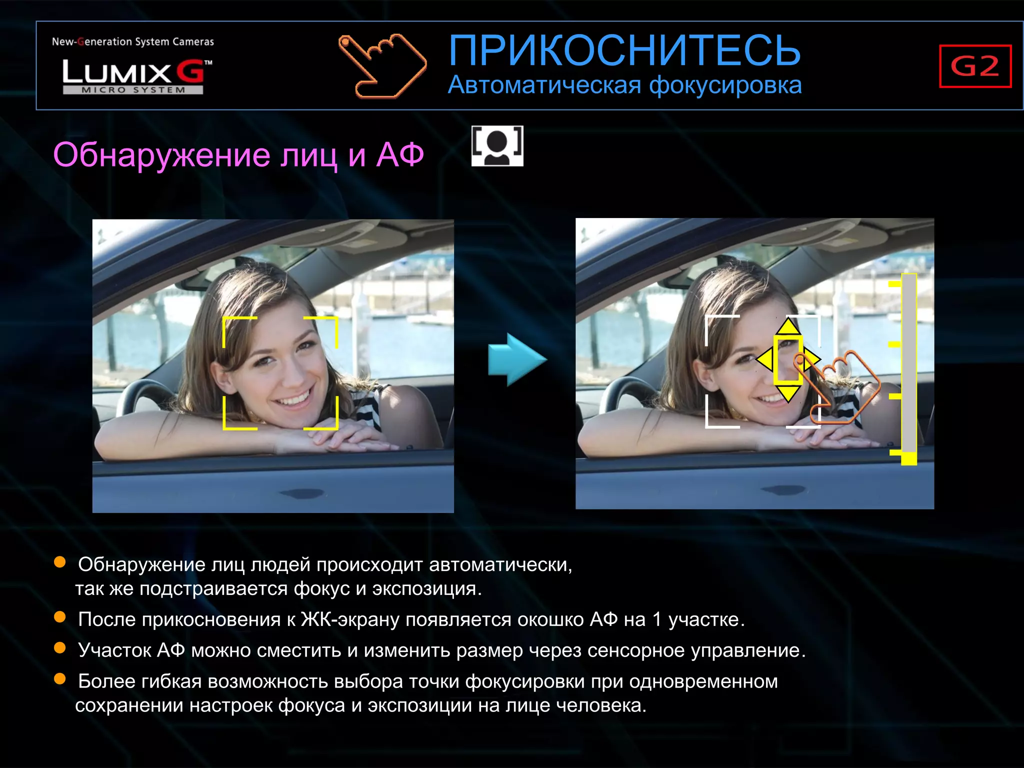 Обнаружение лиц и АФ
 Обнаружение лиц людей происходит автоматически,
так же подстраивается фокус и экспозиция.
 После прикосновения к ЖК-экрану появляется окошко АФ на 1 участке.
 Участок АФ можно сместить и изменить размер через сенсорное управление.
 Более гибкая возможность выбора точки фокусировки при одновременном
сохранении настроек фокуса и экспозиции на лице человека.
ПРИКОСНИТЕСЬ
Автоматическая фокусировка
 