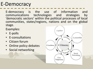E-Democracy
 E-democracy is the use of information and
 communications technologies and strategies by
 ‘democratic sectors’ within the political processes of local
 communities, states/regions, nations and on the global
 stage.
 Examples:
 • E-polls
 • E-consultations
 • Citizen forum
 • Online policy debates
 • Social networking
 