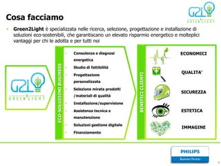 Cosa facciamo
•   Green2Light è specializzata nelle ricerca, selezione, progettazione e installazione di
    soluzioni eco-sostenibili, che garantiscano un elevato risparmio energetico e molteplici
    vantaggi per chi le adotta e per tutti noi

                                                 •   Consulenza e diagnosi                            ECONOMICI
                        ECO-SOLUZIONI BUSINESS       energetica

                                                 •   Studio di fattibilità
                                                                                                      QUALITA’




                                                                                   BENEFICI CLIENTI
                                                 •   Progettazione
                                                     personalizzata

                                                 •   Selezione mirata prodotti
                                                                                                      SICUREZZA
                                                     /materiali di qualità

                                                 •   Installazione/supervisione

                                                 •   Assistenza tecnica e                             ESTETICA
                                                     manutenzione

                                                 •   Soluzioni gestione digitale
                                                                                                      IMMAGINE
                                                 •   Finanziamento




                                                                                                                  4
 