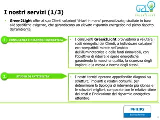 I nostri servizi (1/3)
•    Green2Light offre ai suo Clienti soluzioni ‘chiavi in mano’ personalizzate, studiate in base
     alle specifiche esigenze, che garantiscono un elevato risparmio energetico nel pieno rispetto
     dell’ambiente.


1.   CONSULENZA E DIAGNOSI ENERGETICA      •   I consulenti Green2Light provvedono a valutare i
                                               costi energetici dei Clienti, a individuare soluzioni
                                               eco-compatibili mirate nell’ambito
                                               dell’illuminotecnica e delle fonti rinnovabili, con
                                               l’obiettivo di ridurre le spese energetiche
                                               garantendo la massima qualità, la sicurezza degli
                                               impianti e la messa a norma degli stessi.


2.       STUDIO DI FATTIBILITA’            •   I nostri tecnici operano approfondite diagnosi su
                                               strutture, impianti e relativi consumi, per
                                               determinare la tipologia di intervento più idonea e
                                               le soluzioni migliori, comparate con le relative stime
                                               dei costi e l’indicazione del risparmio energetico
                                               ottenibile.




                                                                                                        6
 