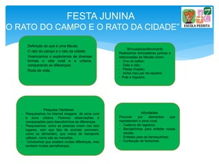 FESTA JUNINA
“ O RATO DO CAMPO E O RATO DA CIDADE”
- Definição do que é uma fábula;
- O rato do campo e o rato da cidade;
- Vivenciamos e exploramos de diversas
formas a vida rural e a urbana,
comparando as diferenças;
- Roda de viola.
Pesquisa/ Hipóteses
- Pesquisamos na internet imagens da zona rural
e zona urbana. Fizemos observações e
comparações para descobrirmos as diferenças.
- Pesquisamos: como as pessoas vivem nos dois
lugares, com que tipo de animais convivem,
como se alimentam, que meios de transporte
utilizam, como são as moradias.
- Concluímos que existem muitas diferenças, mas
também muitas semelhanças.
Brincadeiras/Movimento
Realizamos brincadeiras juninas e
relacionadas às fábulas como:
- Ovo na colher;
- Gato e rato;
- Passa chapéu;
- Achei meu par de sapatos;
- Pula a fogueira.
Atividades
Procurar por elementos que
representam a zona rural;
- Caderno de registros;
- Bandeirinhas para enfeitar nossa
escola;
- Enfeites para as barraquinhas;
- Confecção de fantoches
 